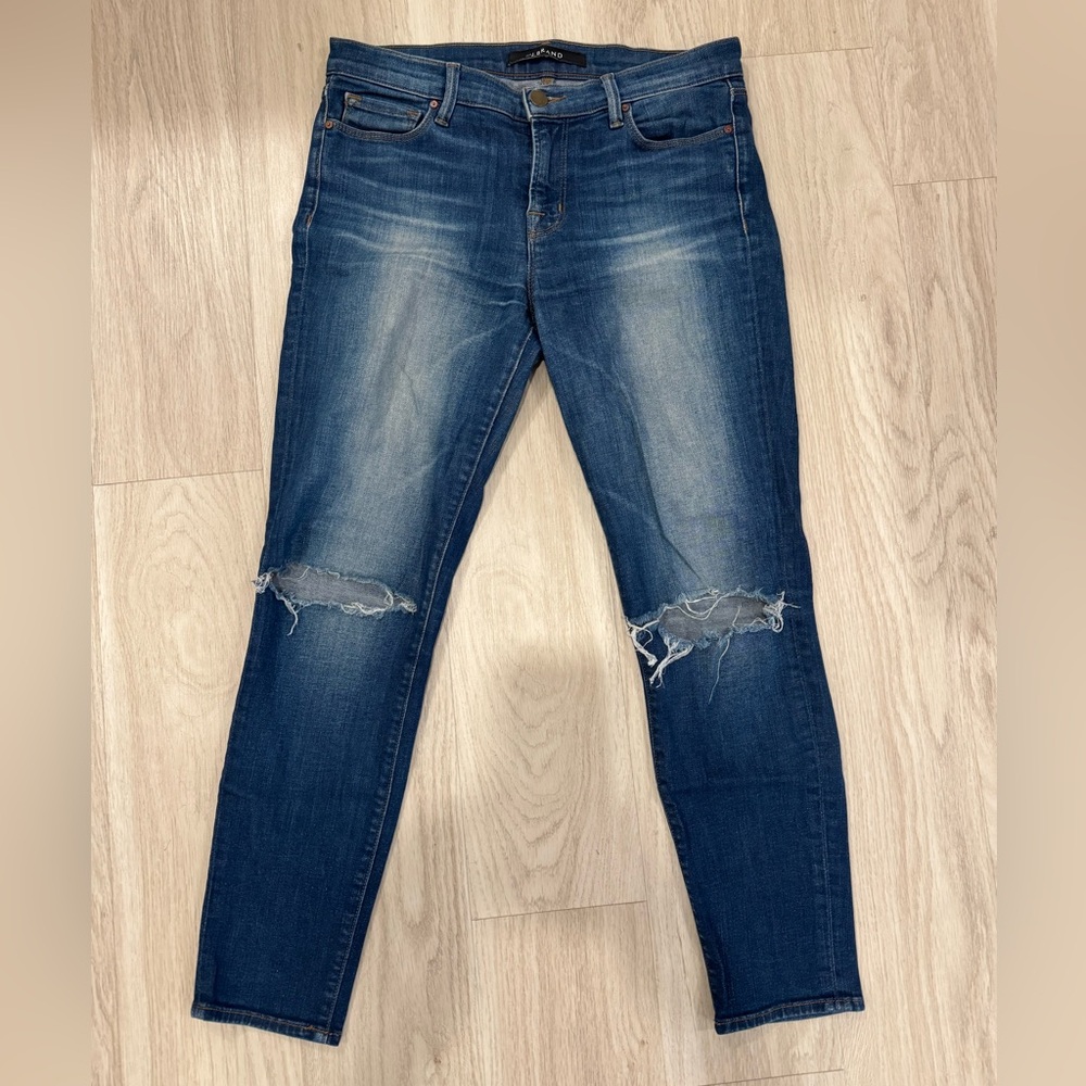J Brand Blue Skinny Ankle Jeans with Distressed Knees